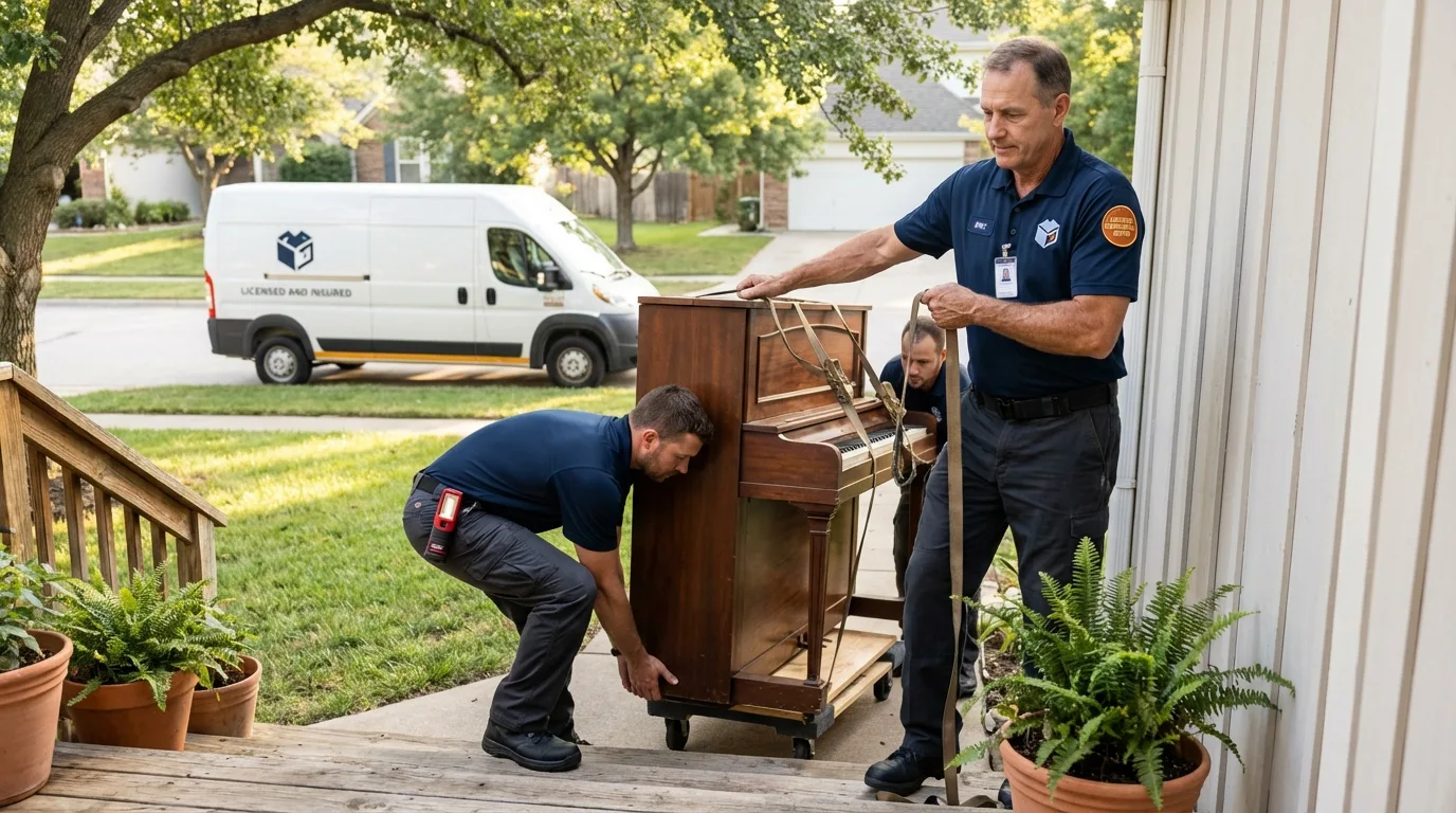 Licensed piano movers securing grand piano in Mountainside, NJ