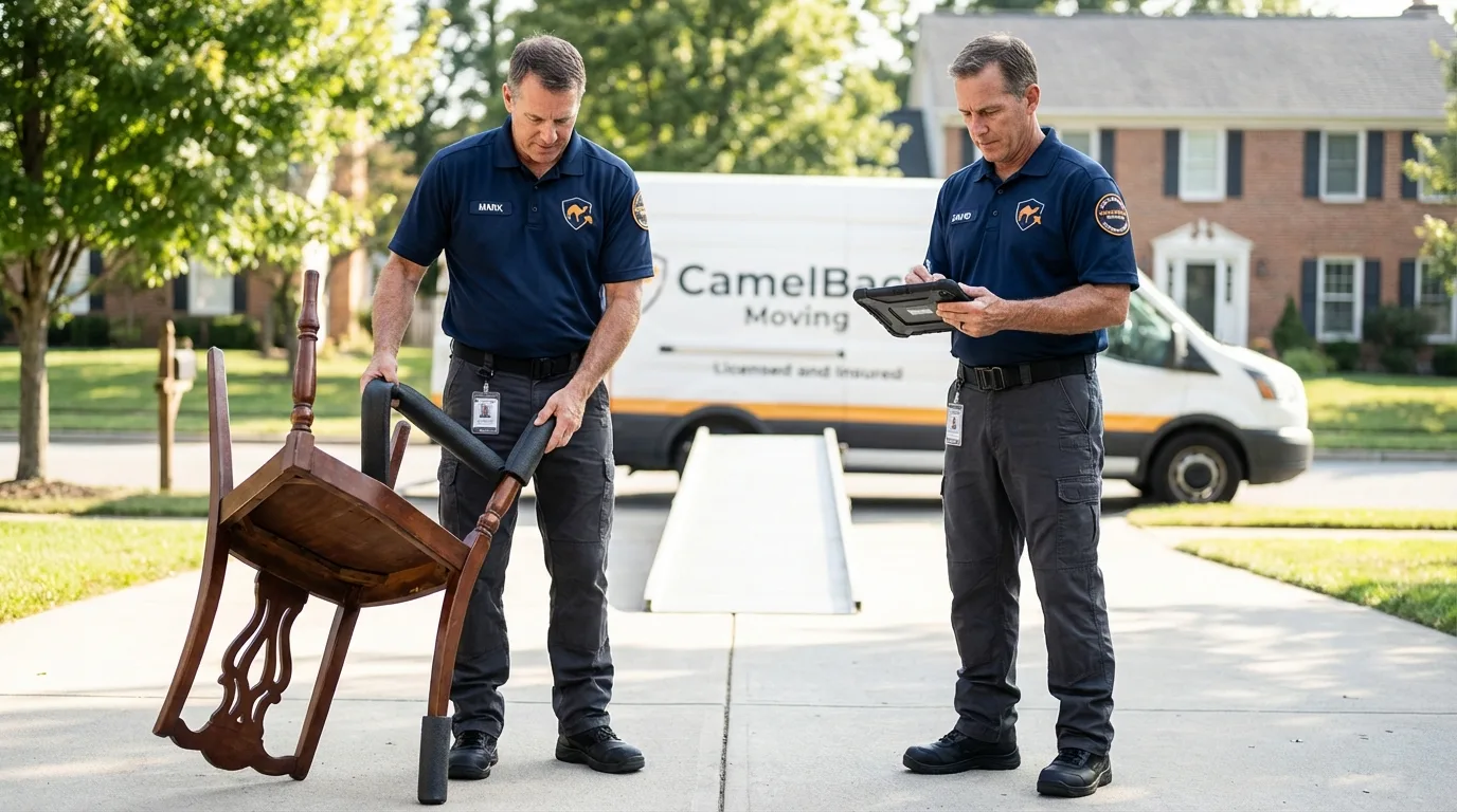 Movers inspecting furniture for damage prevention before loading in Mountainside, NJ