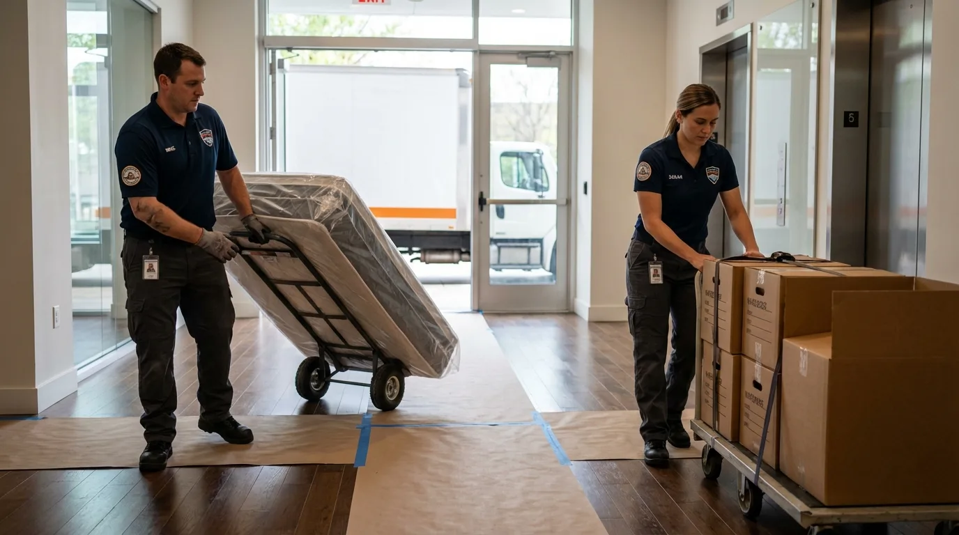 Professional apartment movers loading elevator in Mountainside, NJ